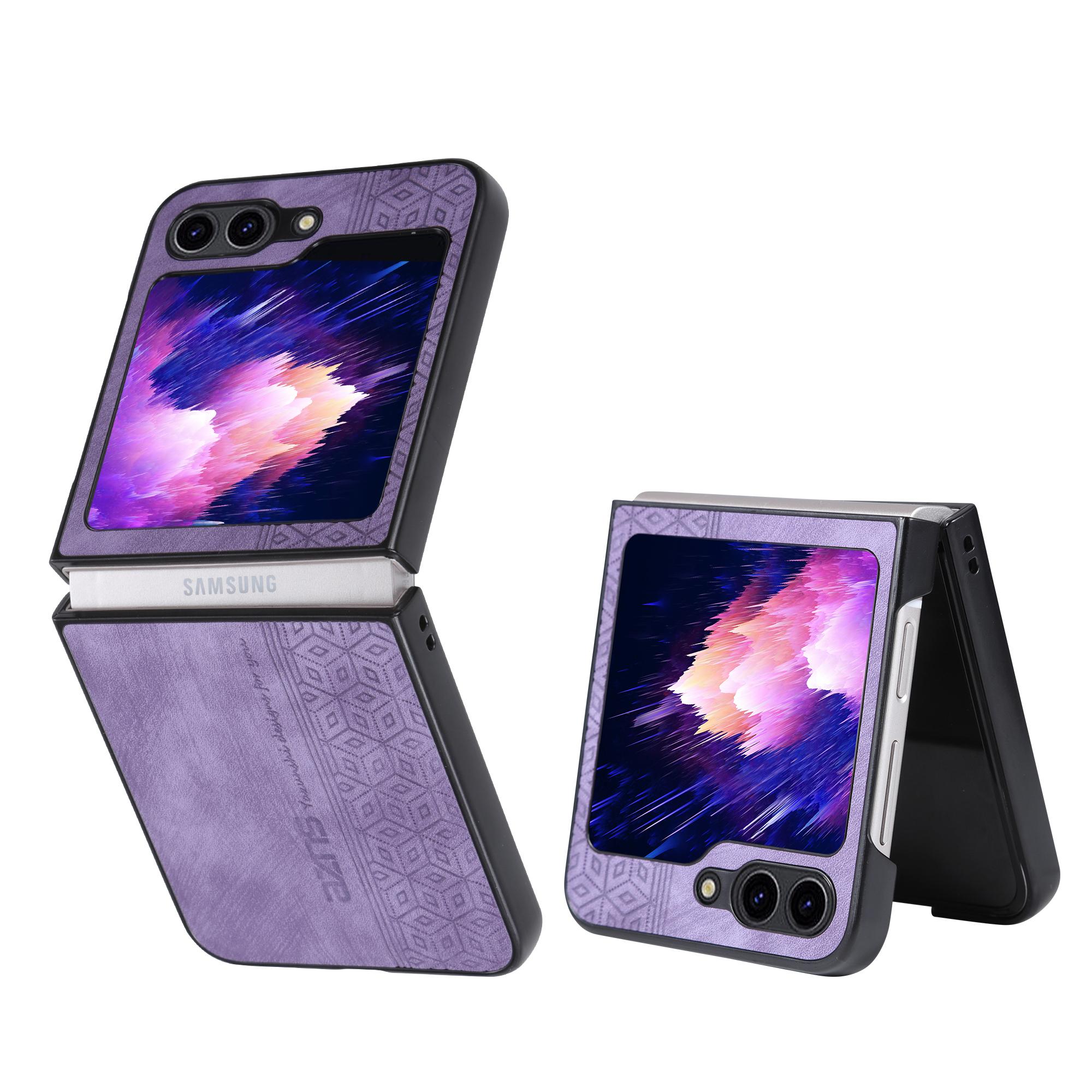 

AZNS For Samsung Galaxy Z Flip5 5G Imprinted Pattern Phone Case PU Leather+Hard PC Thin Cover Purple