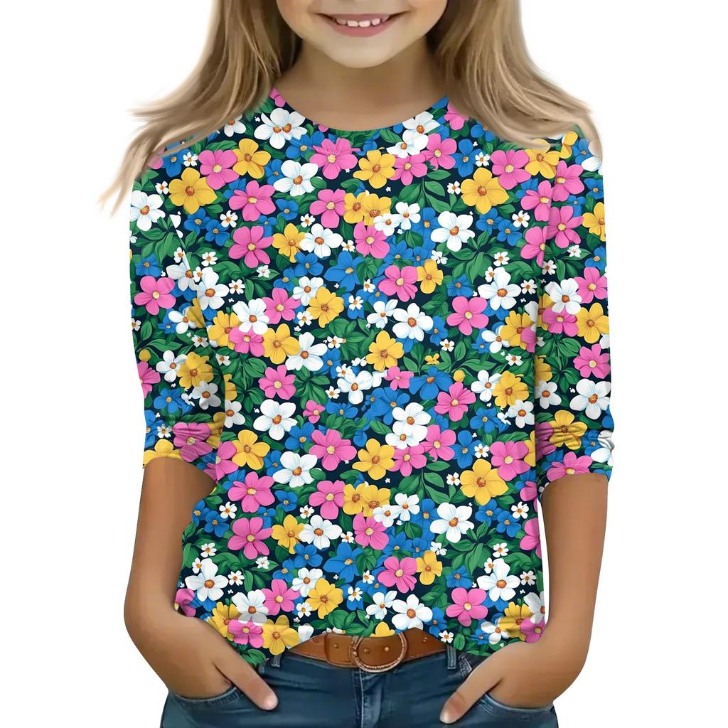 Print Tops For Youth Girls 5-16 Years Round Neck 3/4 Sleeves T-Shirts Trendy Tops Outfit Tees