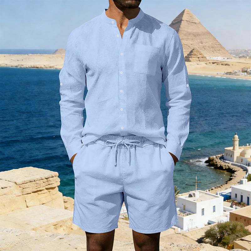 Mens American Style Casual Loose Long Sleeve Shirt And Shorts Set