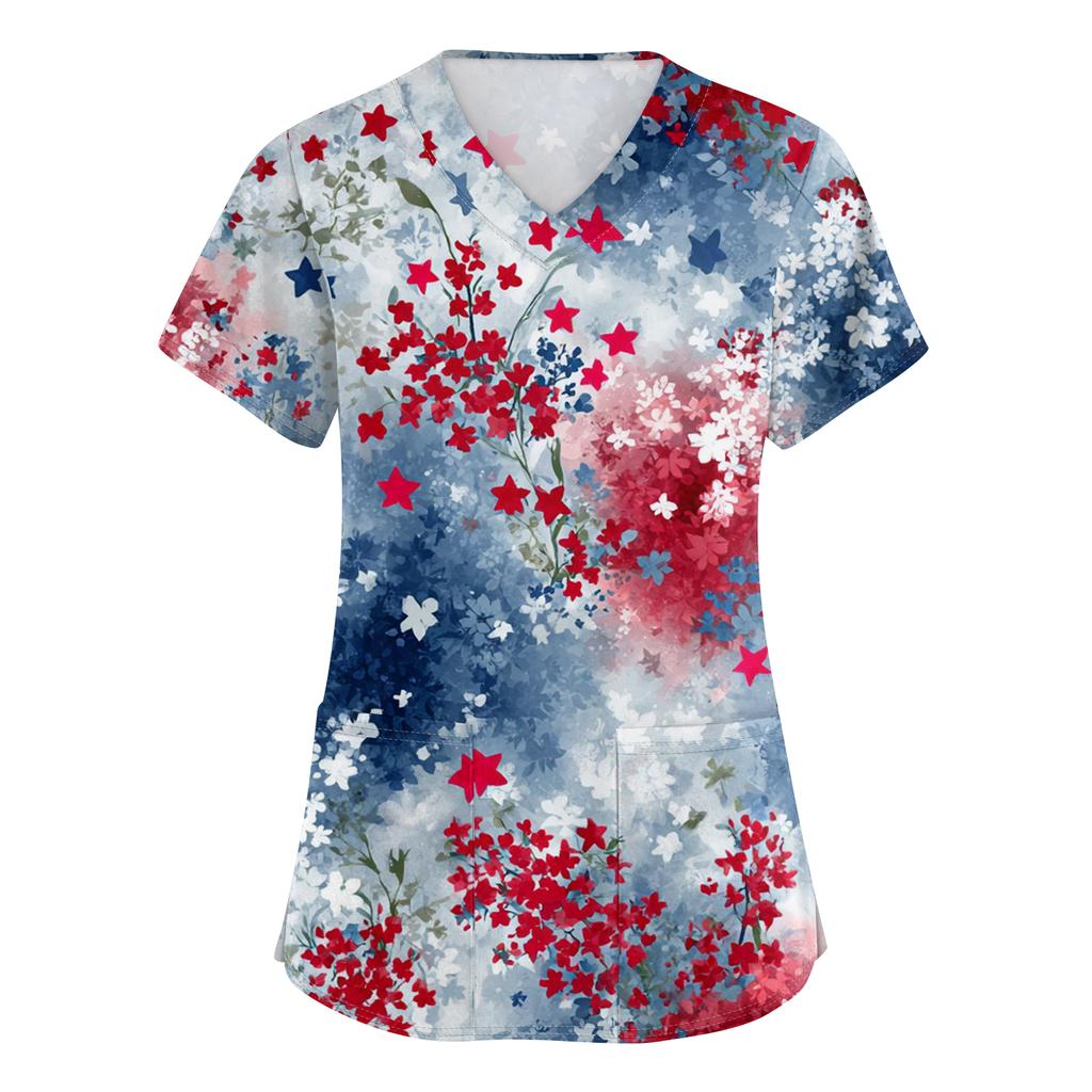 Women's Fashionable V-Neck Short-Sleeved Work Top With Pockets And Independence Day Print  Uniform