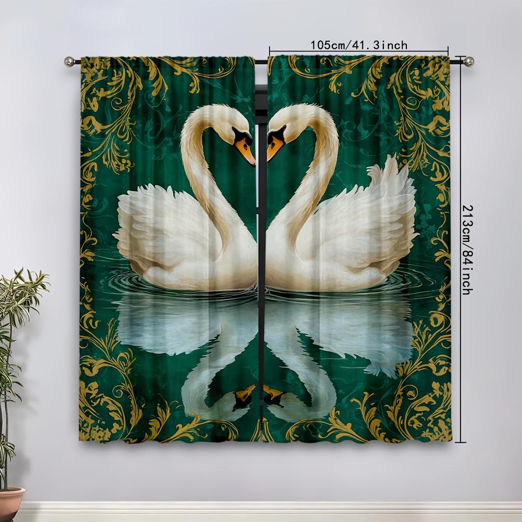 Set Of 2 Swan Design Curtains Serene Water Scene Golden Accents Breathable Polyester Fabric Perfect Living Room Elegant Made Great Window Treatment