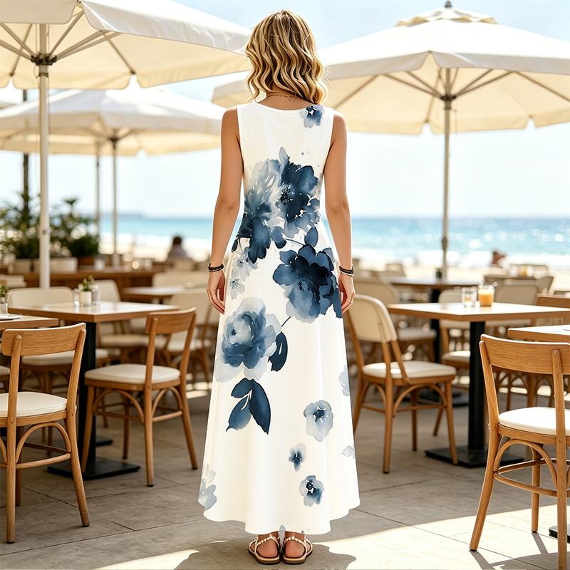 Women's Beach & Urban Casual Sleeveless Maxi Dress,Floral Print,Lightweight,Loose Flowy Hem,Floor-Length,Stylish Versatile for Vacation & Daily Wear