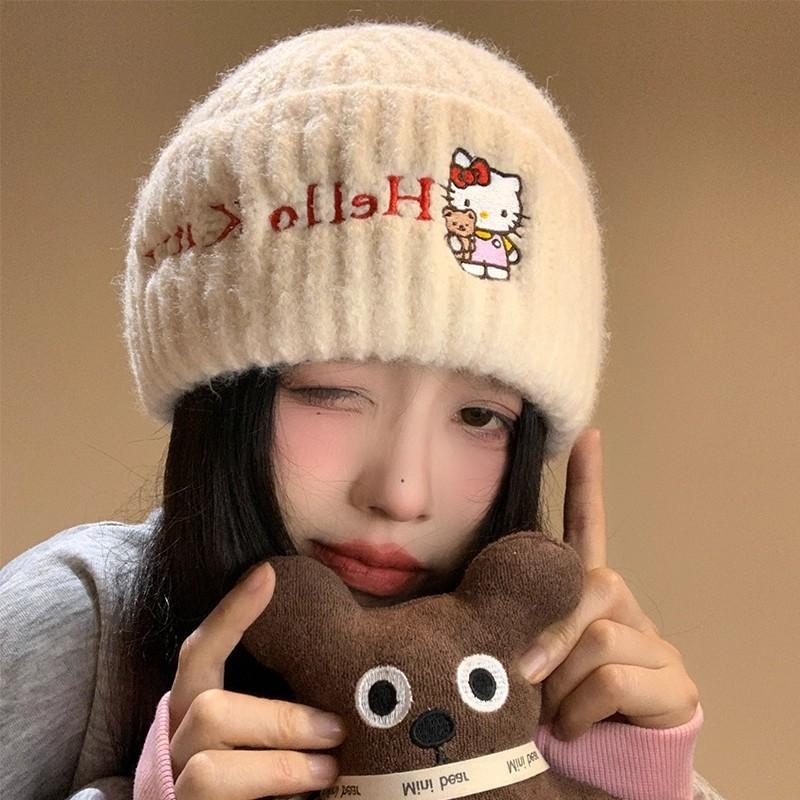 Hellokitty Knit Hat For Girls Cute Cartoon Warm Ear Protection Street Dance Accessory