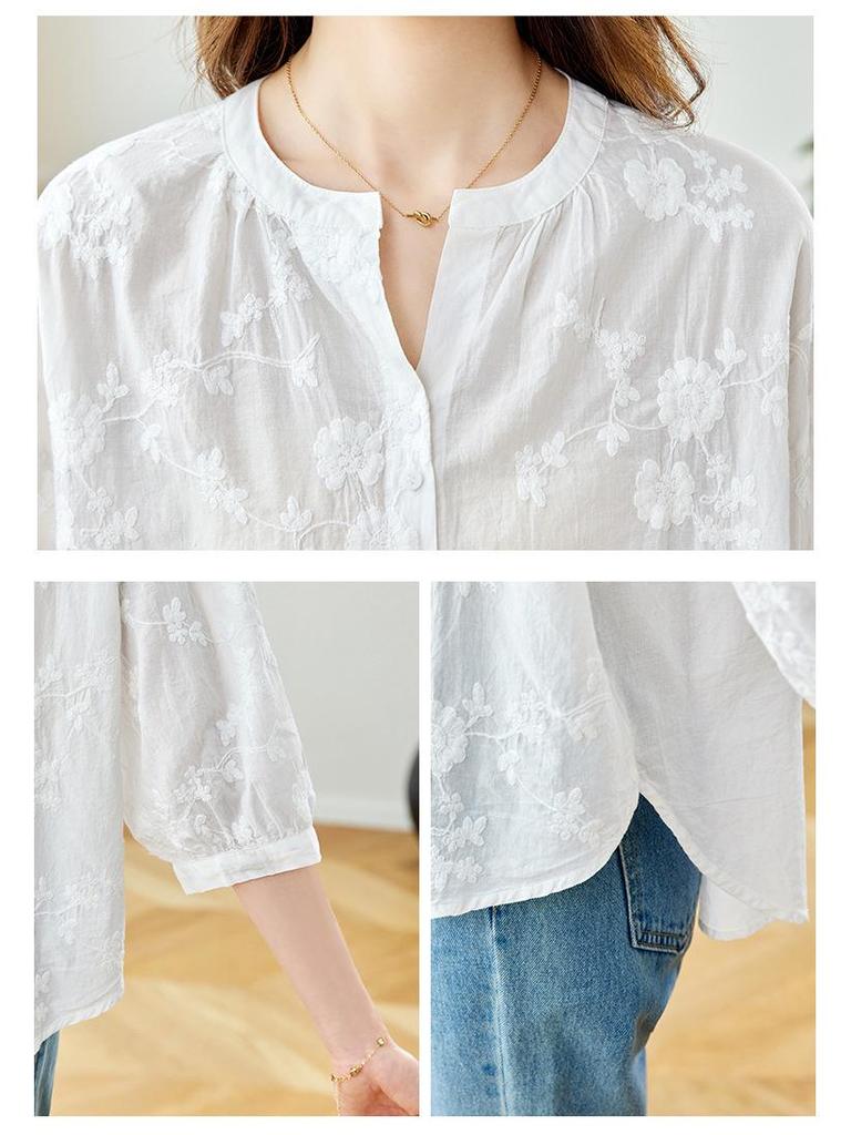 Women's V-Neck Lace Embroidery Cotton Shirt - 2026 French Chic Summer Collection