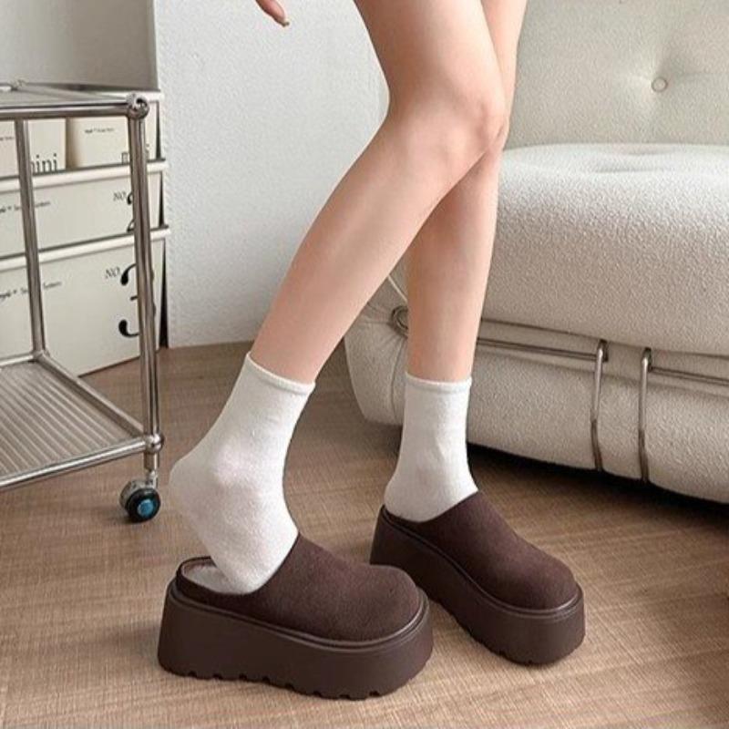 Mote Dame varme bomullsmules, retro tykksålede høyhælte tøfler, slip-ons med lukket tå, komfortable utendørs latmans-tøfler