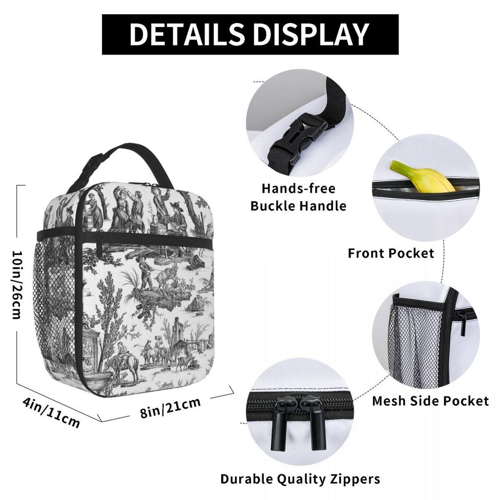 Black And White Toile De Jouy Insulated Lunch Bag for Women Children Portable Food Boxes Thermal Lunch Box Tote
