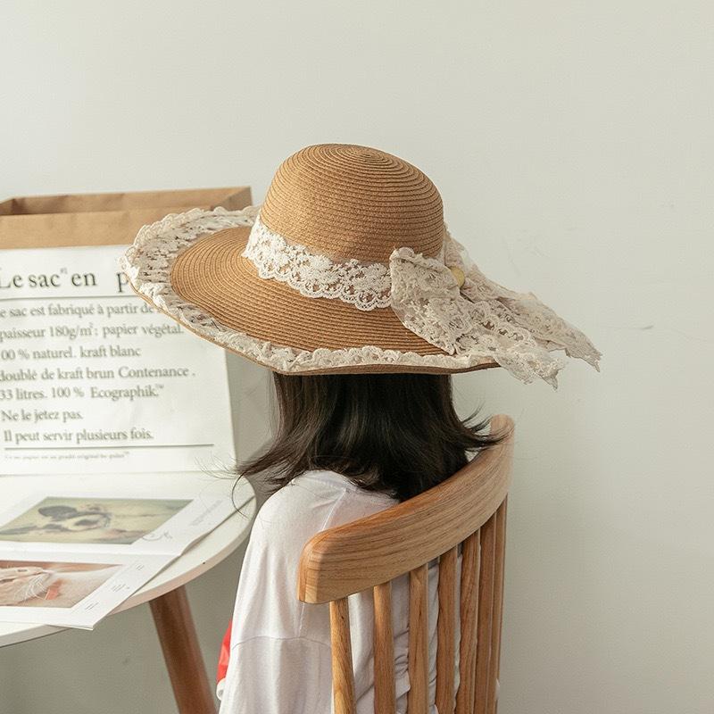 Ins Idyllic New Children's Sun Hat Sweet Lace Bow Sun Hat Big Brim Sun Protection Straw Hat