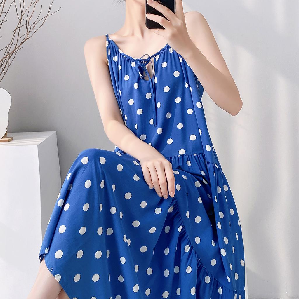 Summer sleeveless suspender cotton and silk nightdress women's lace-up can be worn outside loungewear high-end vacation long dress dress thin