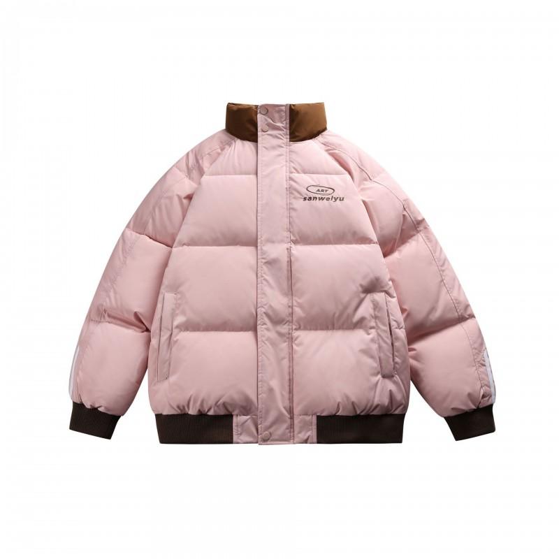 Unisex Oversized Puffer Jacket With Stand Collar Striped Design Winter Warm Cotton Coat Teens