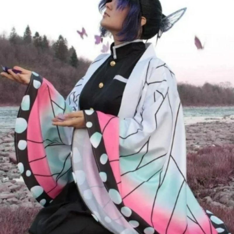 Anime Demon Slayer Kimetsu No Yaiba Kochou Shinobu Cosplay Kostýmní sada paruk Kimono Jednotné halloweenské anime kostýmy pro dospělé děti