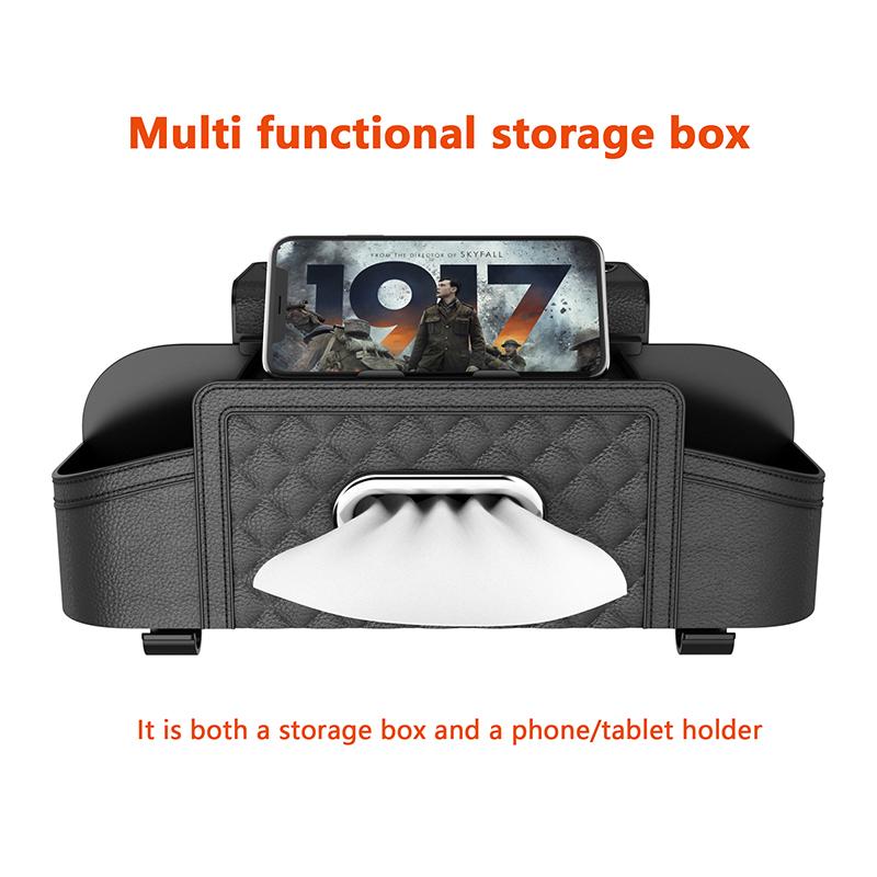 Multifunctional Car Seat Back Leather Tissue Storage Box Phone And Tablet Stand Place Water Cup Portability Trash Hook Bag