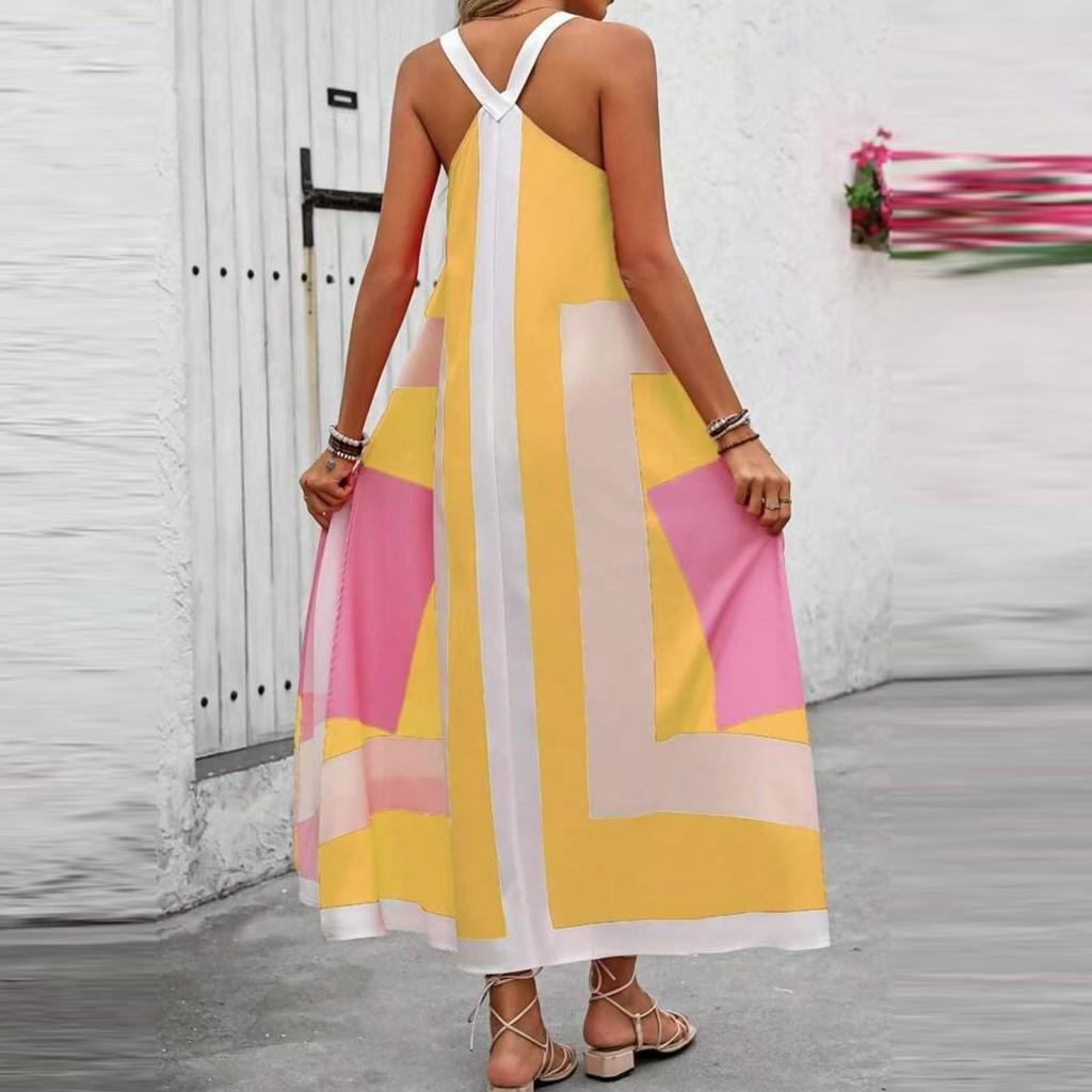 Women's Casual Seaside Resort Dress Color Block Patchwork Printed Sleeveless Dresses