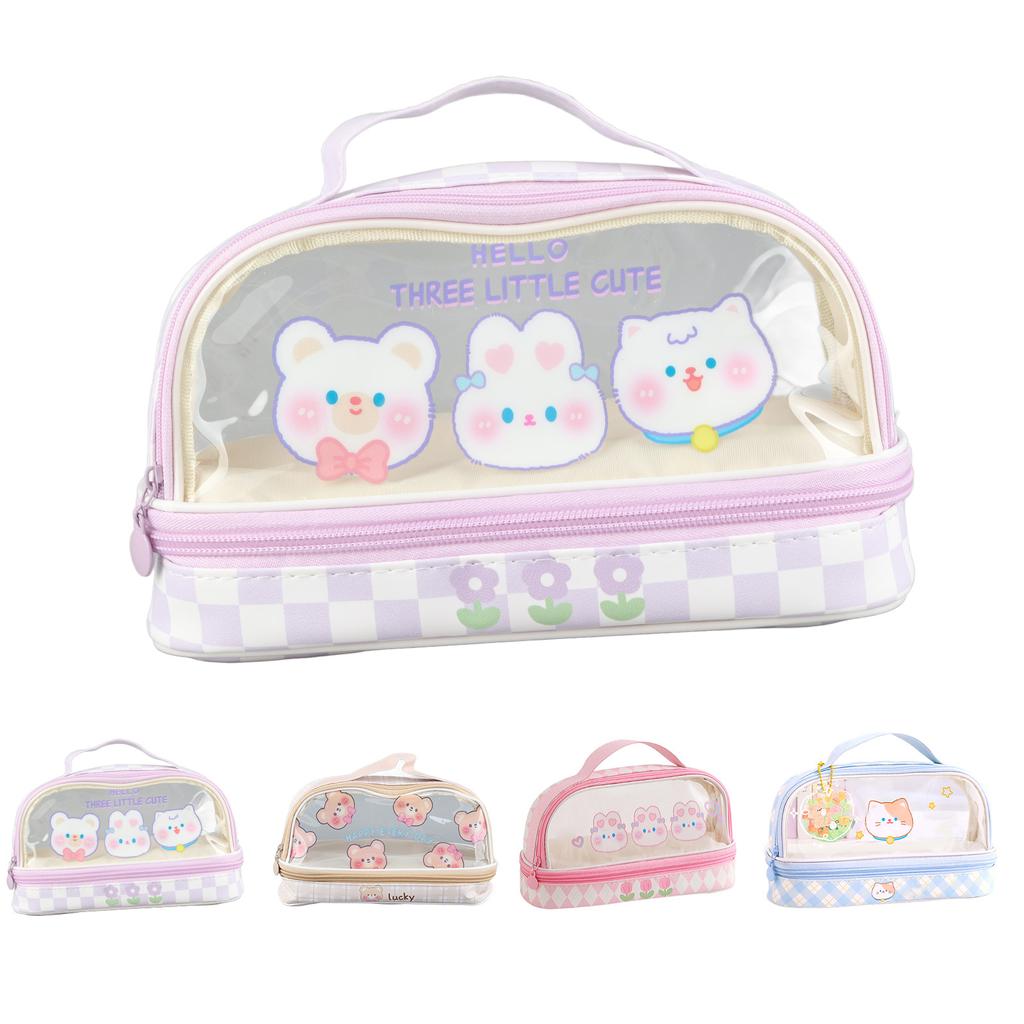 Waterproof Pencil Pen Case Cartoon Cute Transparent Stationary Bag with  for School Students M