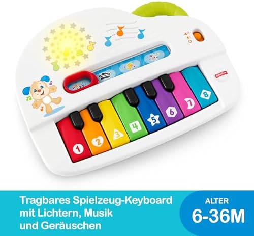 FISHER-PRICE Tastiera del Primo Bambino - Giocattolo Pianoforte Portatile con 4 Modalità di Gioco, Canzoni, Luci e Suoni, Giocattolo per l'Apprendimento della Lingua Tedesca per Neonati dai 6 Mesi in su