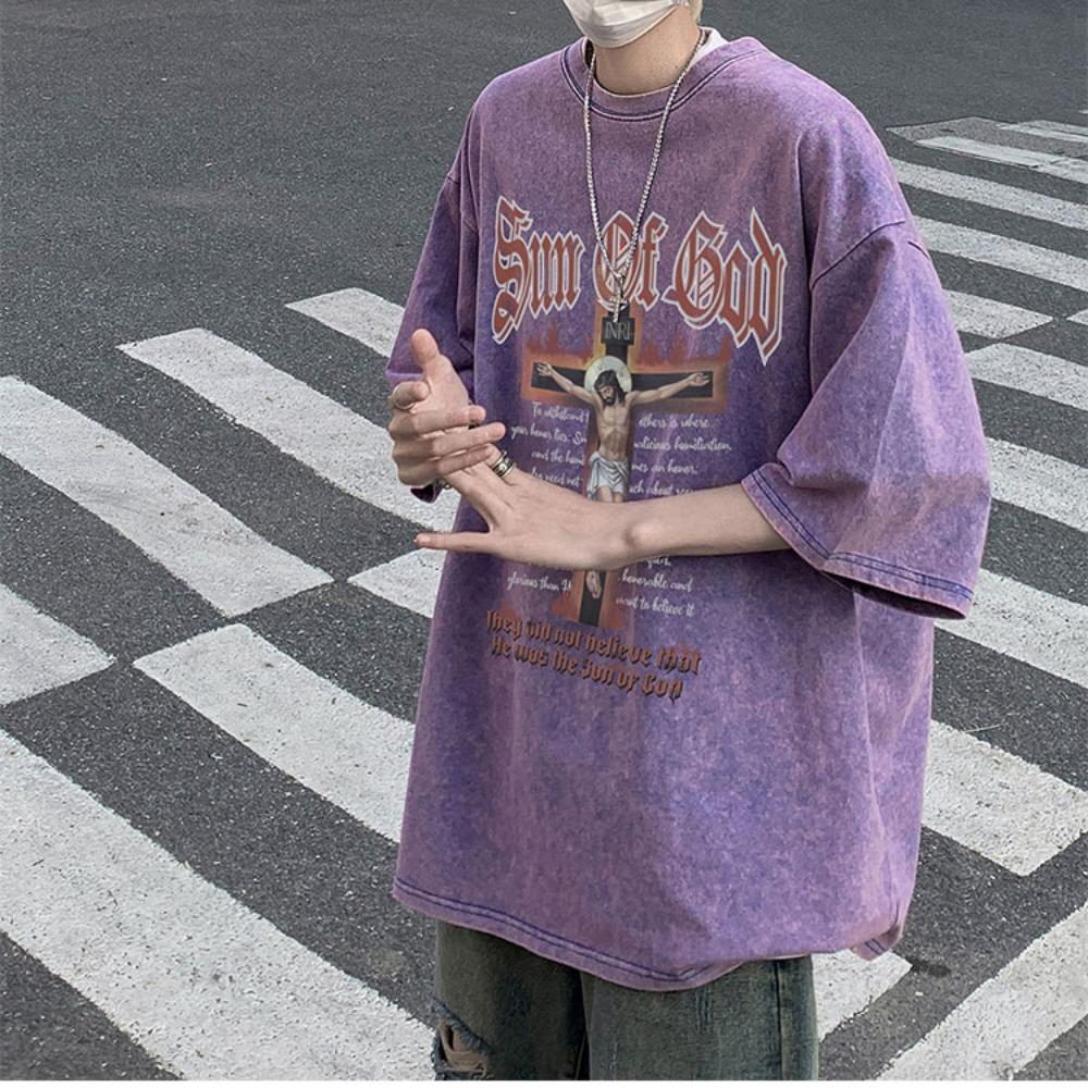 100 % bomull Acid Washed Vintage Kortärmad T-shirt Framtryck Streetwear HipHop Harajuku Oversized T-shirts