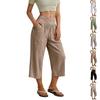High Waist Wide Leg Pants Women Linen Flared Trousers Casual Loose Fit Cropped Pants with Elastic Waistband and Side Pockets