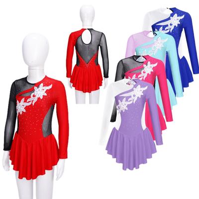 Mädchen Eiskunstlauf Kleid Pailletten Mesh Langarm Trikot Gymnastik Anzug Ballett Kleidung Tanz Kostüm