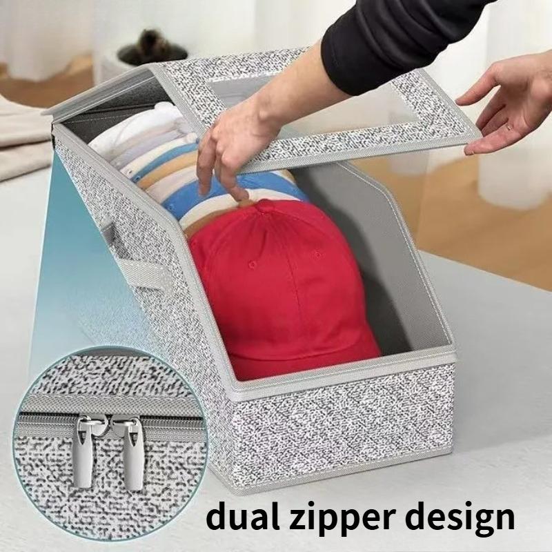 1PC Stackable Baseball Cap Storage Box with Zipper and Lid, Wardrobe Storage Box Suitable for Storing Various Hats, Reusable