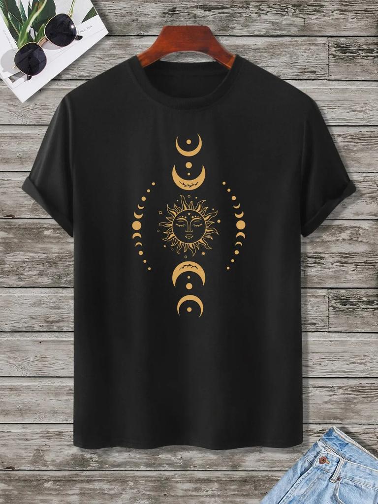 Sun & Moon Print T-Shirt for Men's Casual Crew Neck Short-Sleeve Fashion Summer T-Shirts Tops, Men's Outfits Tee#Color