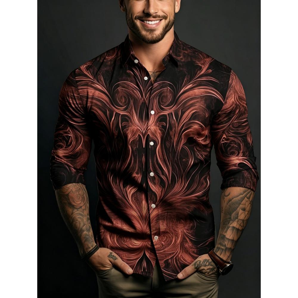 Men's Symmetrical Fluid Pattern Printed Long Sleeved Shirt with Lapel Buttons, Nightclub Party Trendy Men's Top