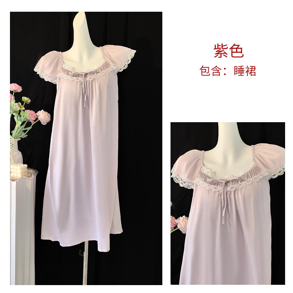 Girly lace short-sleeved nightgown women's summer with chest pad pure desire wind loungewear women's imitation silk ice silk pajamas women's summer