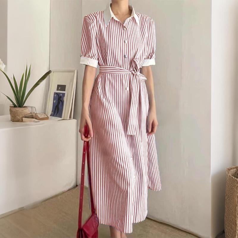 

ZANZEA Женское повседневное платье с отложным воротником, коротким рукавом, свободного кроя, в полоску 5XL красный