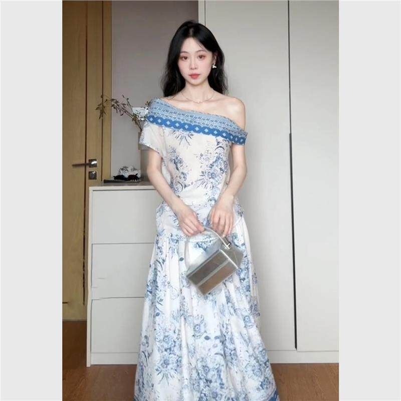 

New Chinese Style Blue off-Shoulder Tops Suit Skirt Women s Clothing Summer Cool Relaxed Feeling Elegant a Set of OOTD Wear Blue One Shoulder Top 40-50kg