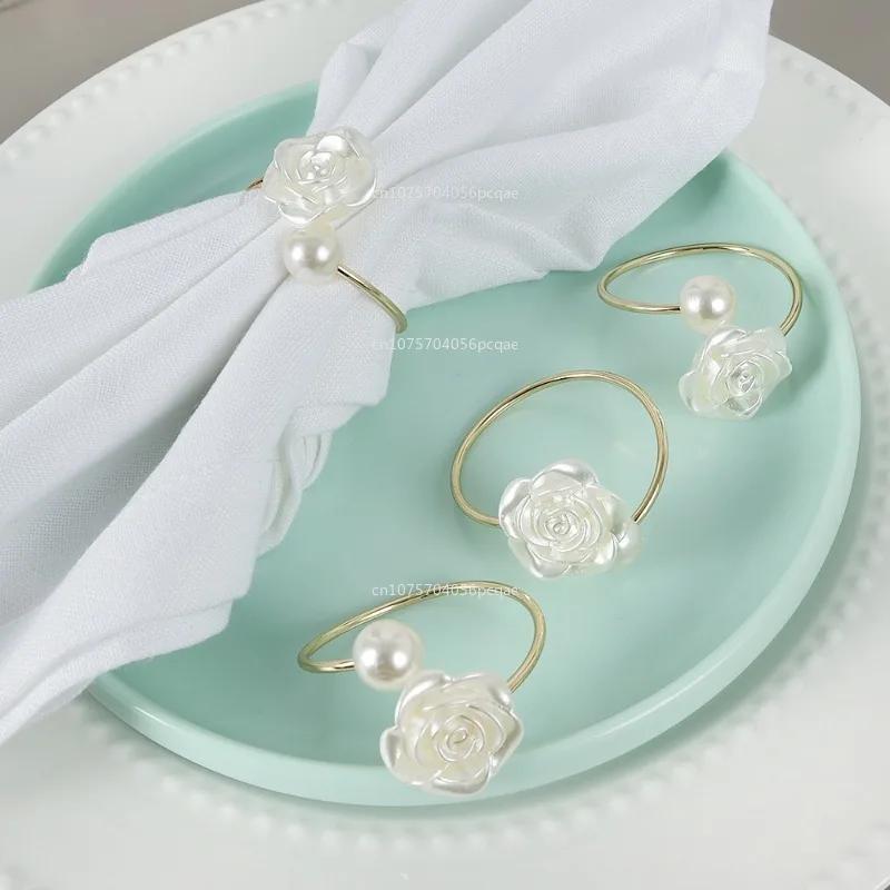 Valentine's Day Wedding Pearl Napkin Clasp Roses Creative Round Pearl Napkin Rings for Restaurant Family Table Decoration