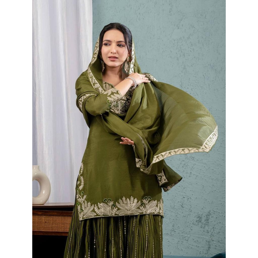 WOMEN ETHNIC CHINNON SILK SHARARA SALWAR KAMEEZ SET INDIAN PAKISTANI PARTY WEAR VFP-1883a