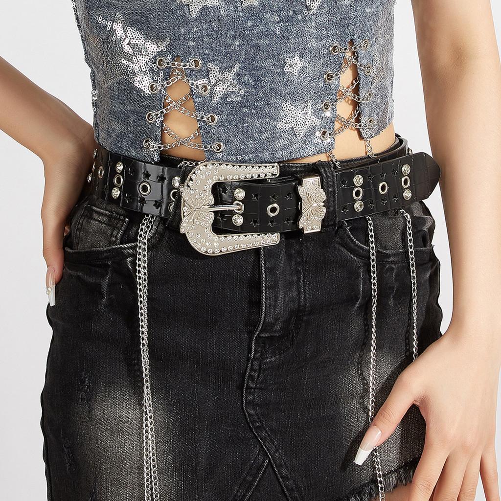 Womens Retro Style Leather Belt With Butterfly Crystal Buckle For Casual Wear BlackButterflyStar