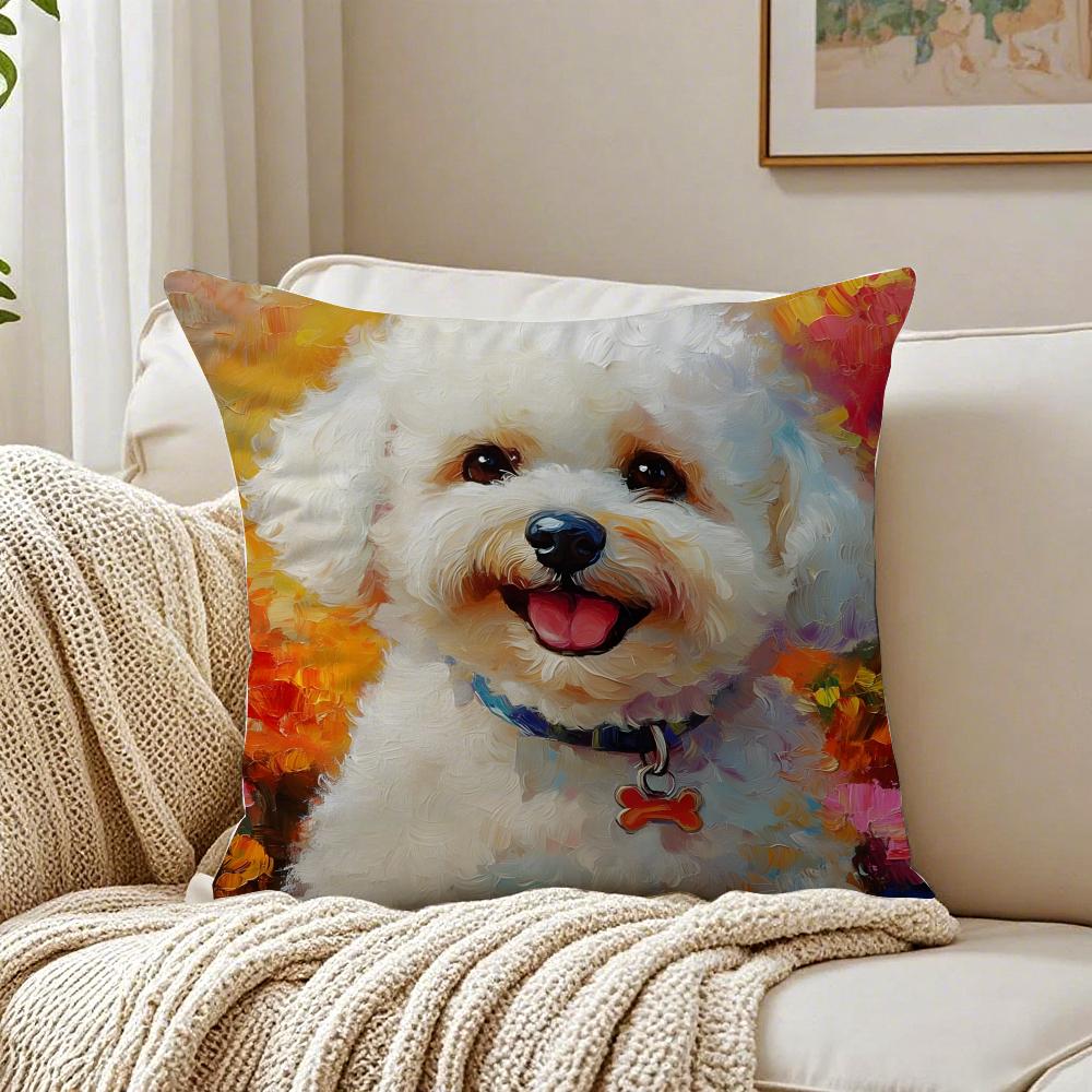 BBichon Frise Cushion Cover Linen Pillowcase Soft for Sofa Bed Home Room Decor