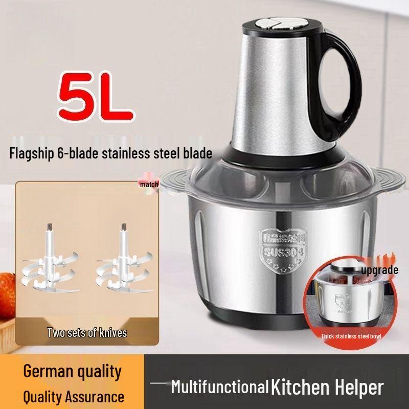 Stainless Steel Electric Meat Grinder & Multi-function Food Processor with Dough Kneading, Garlic Paste, and Vegetable Shredder