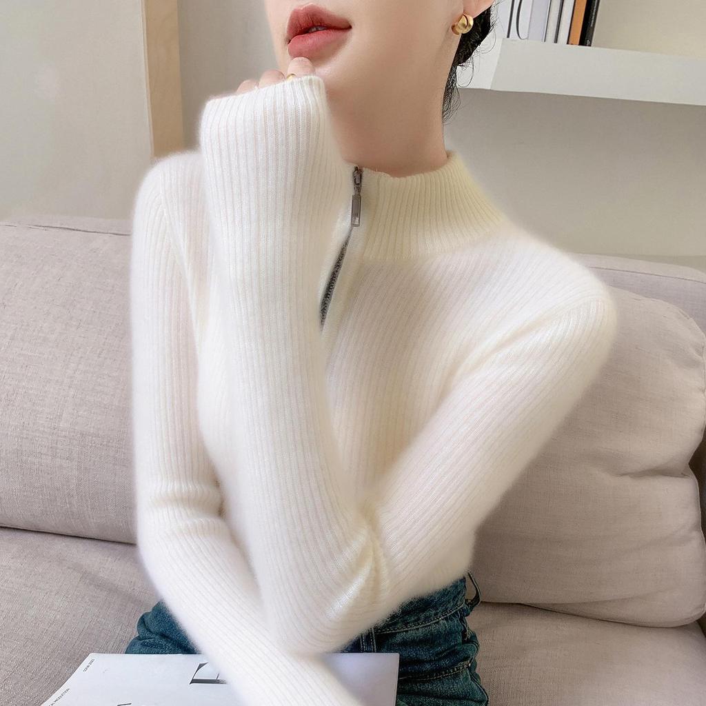 Women's Ribbed Cashmere Half-High Neck Zipper Sweater - Slimming Solid Color Base Layer for Autumn/Winter