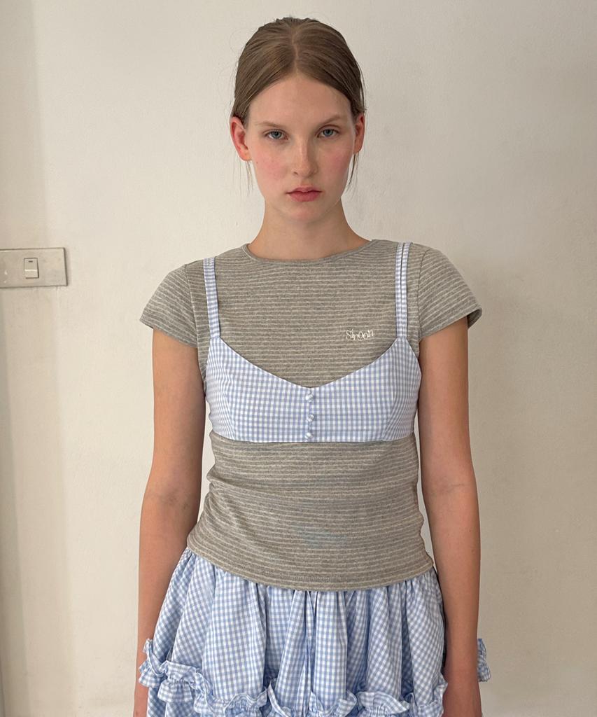 SINOON Stripe Cap Sleeve T-Shirt (Melange Gray)