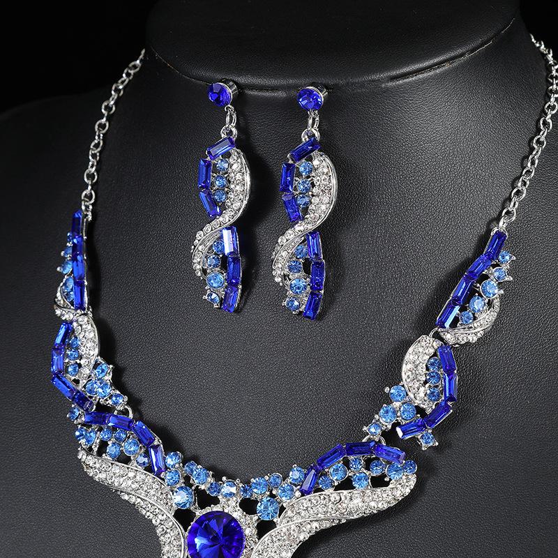 Retro Crystal Contrast Color Jewelry Set Pattern Necklace Earrings 2Pcs Trendy Fashion Accessories For Women Daily Party Gift