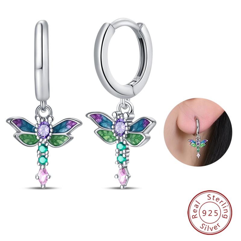 100% 925 Silver Colorful Butterfly Ladybug Rose Bow Pendant Earrings For Women Fashion Anniversary Party Jewelry Gifts