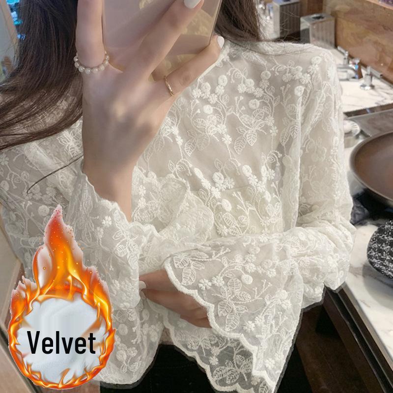 Dámská podzimní/zimní halenka s rozšířenými rukávy, krajkou, vyšívanou síťovinou a polovyvýšeným límcem