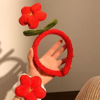 Benming Year Plush Red Flower Headband - Women's Cute Christmas Hair Clip & Face Wash Accessory