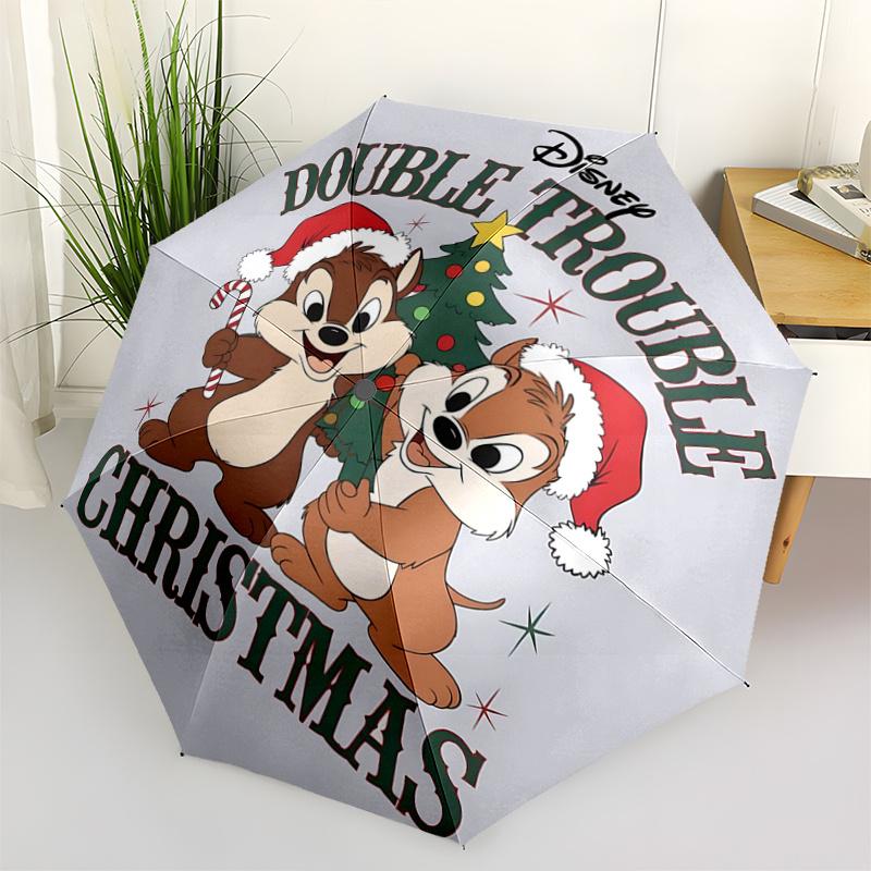 

1pc Disney Double Trouble Christmas Chip & Dale Automatic Opening/Closing Umbrella - Portable Three-Fold Design - 8-Bone Iron Frame - Outdoo