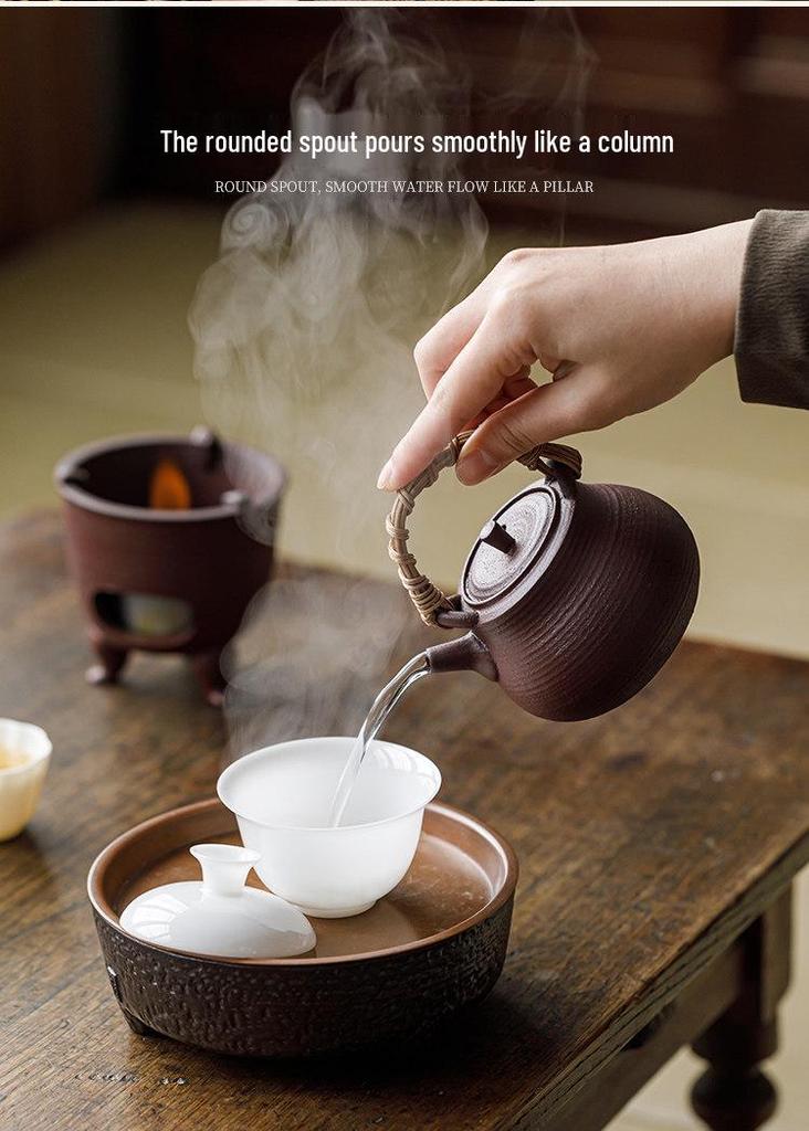 Guanlan Retro Chinese Coarse Pottery Tea Stove Set with Handle for Outdoor Camping