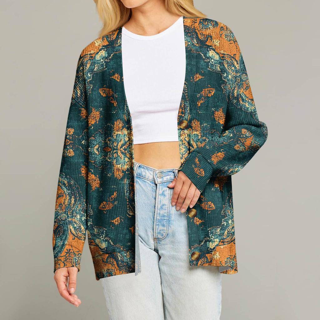Women's Fashion Long Sleeve Christmas Print V-Neck Button Loose Cardigan Top