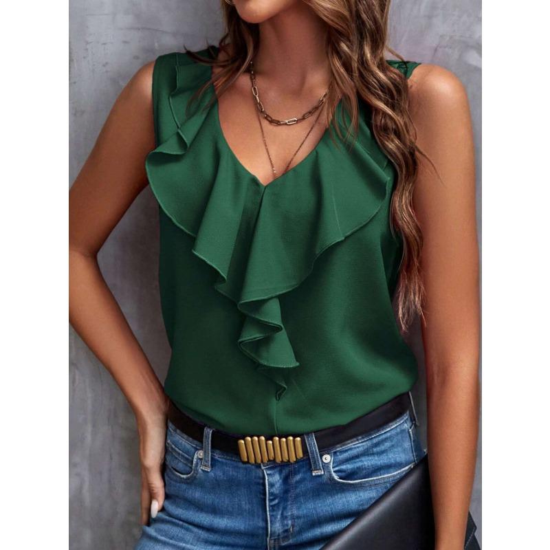 Damenmode Casual Sommer Frühling Einfarbig Druck Ärmellose V-Ausschnitt Blusen & Hemden