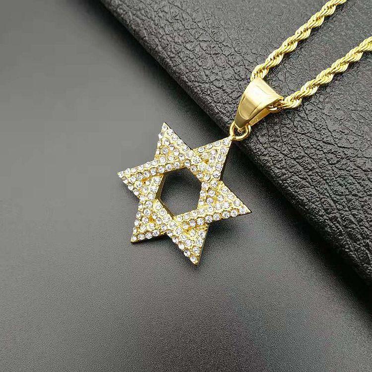 New 1pcs Hip Hop Rhinestone Gold Color Stainless Steel Necklaces Jewish Star of David Hexagram Pendant Necklace for Men Rapper