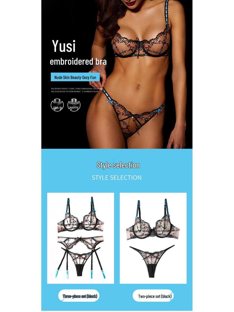 Stylish Lace Embroidered Sheer Push-Up Bra & Panty Set