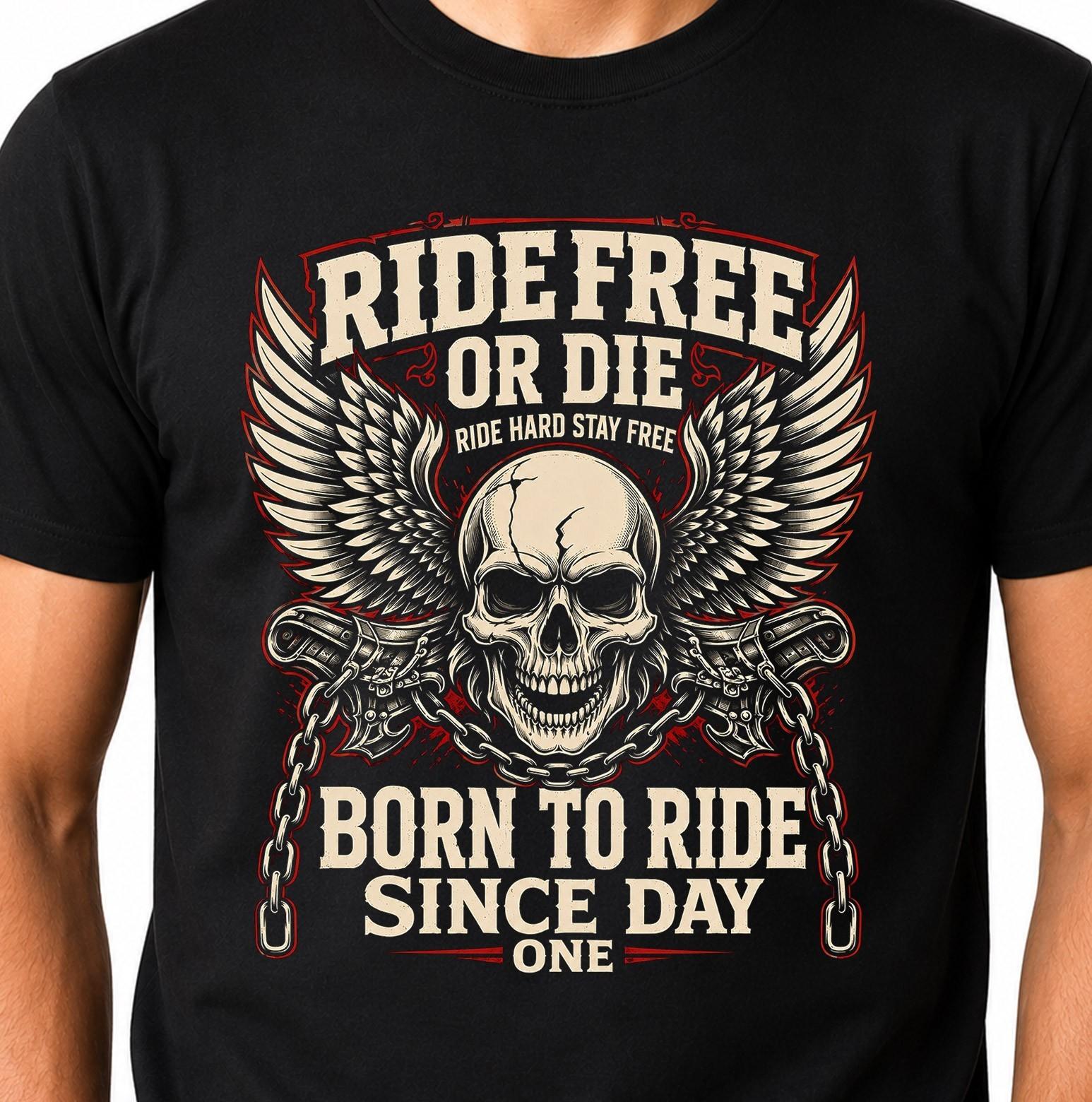 Skull Wings T-Shirt Ride Free Or Die Born To Ride Biker Motorcycle Graphic Tee. XL