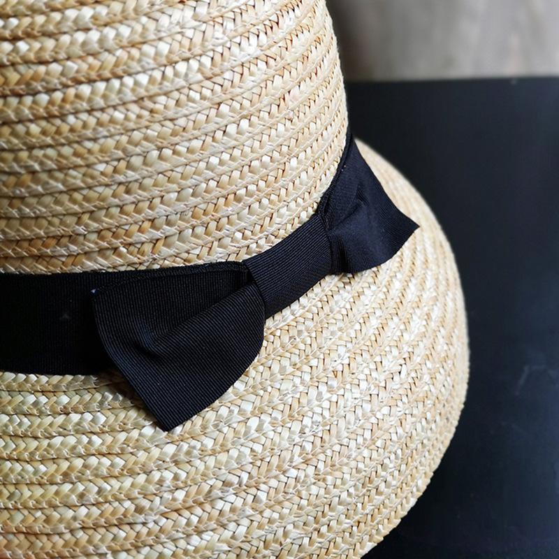 Hepburn Wind Bow Lampshade Straw Straw Straw Hat Women'S Summer French Sunscreen Face Cover Vacation Travel Sun Hat