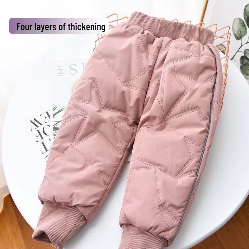 Girls' Four-Layer Thickened Cotton Winter Pants - Plush, Medium & Large Sizes for Kids' Cold Weather Wear