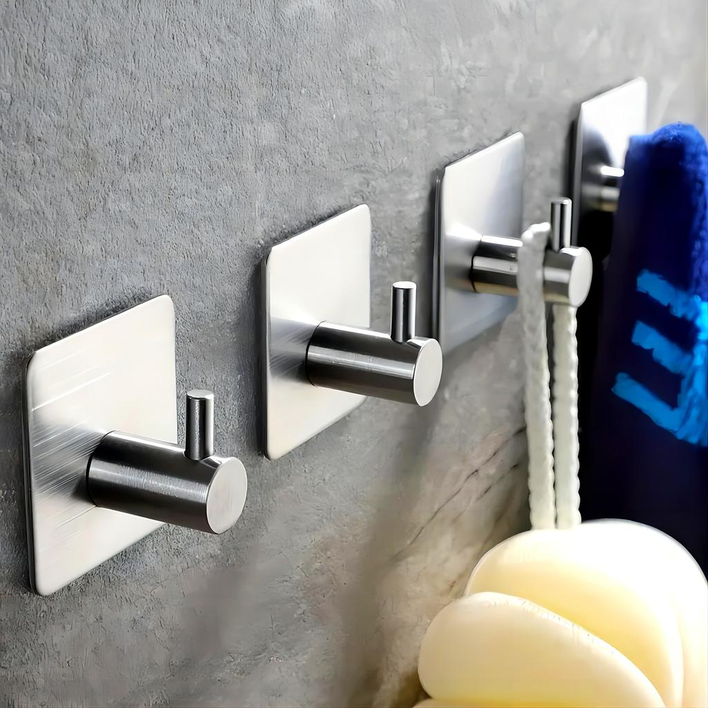 Stainless Steel Adhesive Hooks, Heavy-Duty Wall Mount Utility Hooks for Hanging Towels, Clothes, Hats, and Robes - Easy To Install