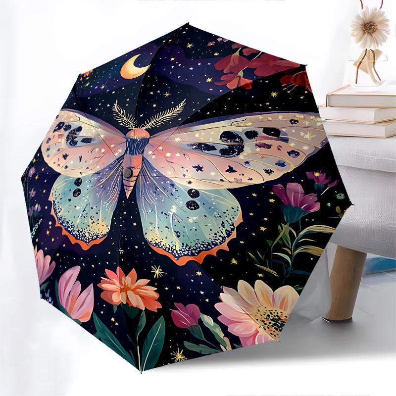 Butterfly,Night Garden Automatic Folding umbrella Compact 8 rib Design,Unique Style,Suitable for Everyday Outdoor Use,Perfect Gift for
