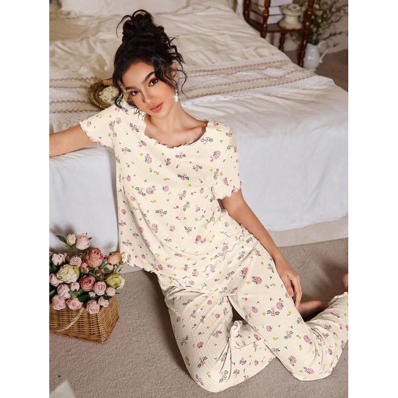 Womens Floral Pajama Set Short Sleeve Long Pants Loungewear 2 Piece